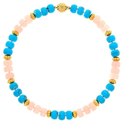 Lot 1005 - Gold, Turquoise and Rose Quartz Bead Necklace