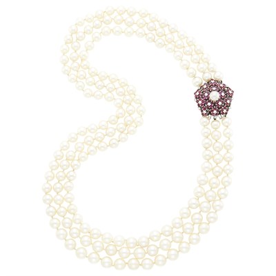 Lot 1201 - Triple Strand Cultured Pearl Necklace with White Gold, Ruby and Diamond Clasp