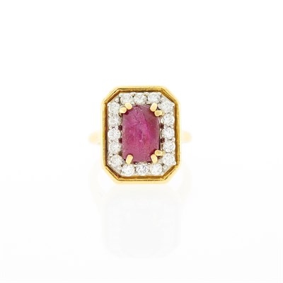 Lot 1093 - Gold, Cabochon Ruby and Diamond Ring