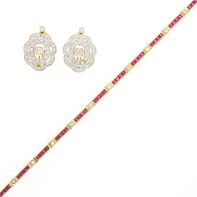 Lot 1252 - Pair of Two-Color Gold and Diamond Earrings and Ruby and Diamond Straightline Bracelet