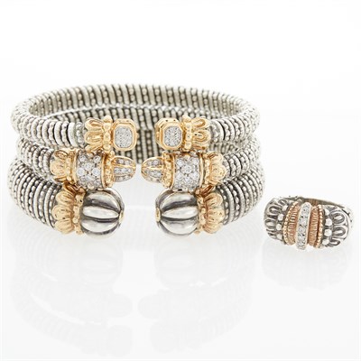 Lot 1280 - Alwand Vahan Three Sterling Silver, Gold and Diamond Bangle Bracelets and Ring