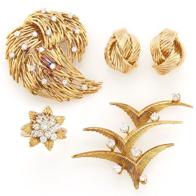 Lot 1257 - Two Gold and Diamond Brooches, Diamond Ring and Pair of Gold Earclips