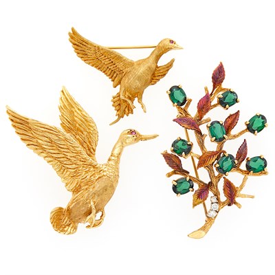 Lot 1234 - Two Gold Geese Pins and Green Tourmaline and Diamond Brooch