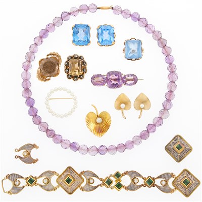 Lot 1227 - Group of Gold, Low Karat Gold, Silver, Colored Stone, Diamond and Cultured Pearl Jewelry