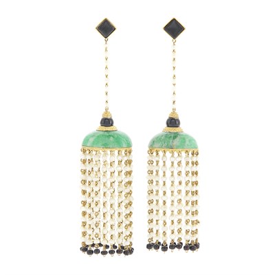 Lot 99 - Pair of Gold, Amazonite, Seed Pearl and Black Onyx Fringe Earrings