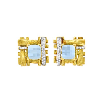 Lot 42 - Pair of Gold, Aquamarine and Diamond Earrings