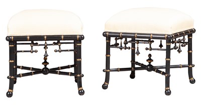 Lot 307 - Pair of Baker Upholstered Faux Bamboo Ottomans...