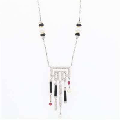 Lot 1170 - White Gold, Black Onyx, Diamond, Ruby and Cultured Pearl Pendant-Necklace