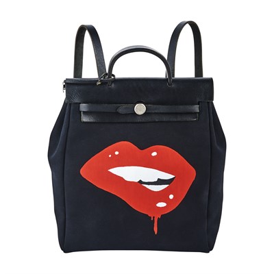 Lot 186 - Hermès Convertible Customized Painted Black Canvas and Leather 'Dripping Lips Herbag' Tote Backpack with Interchangeable Canvas