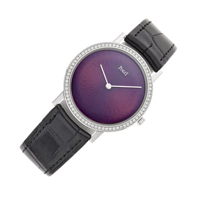 Lot 151 - Piaget White Gold, Purple Guilloché Enamel and Diamond 'Altiplano' Wristwatch