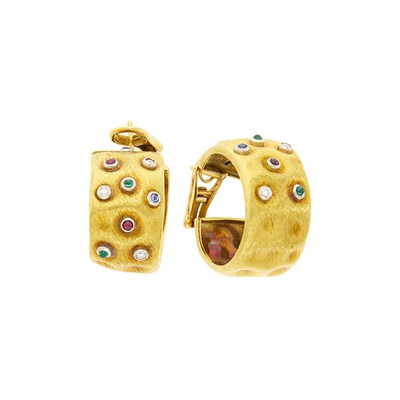 Lot 17 - Pair of Two-Color Gold, Diamond and Cabochon Colored Stone Hoop Earrings