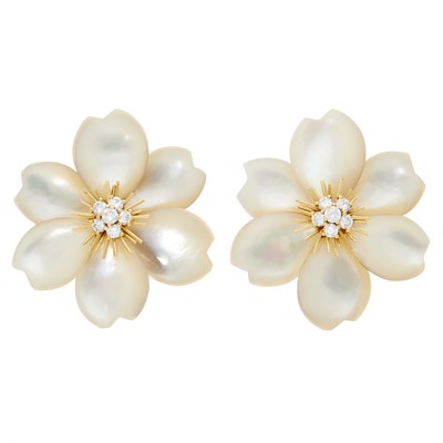Lot 50 - Van Cleef & Arpels Pair of Gold, Mother-of-Pearl and Diamond 'Rose de Noel' Earclips, France