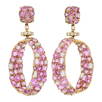 Lot 152 - Pair of Rose Gold, Pink Sapphire and Diamond Hoop Pendant-Earclips