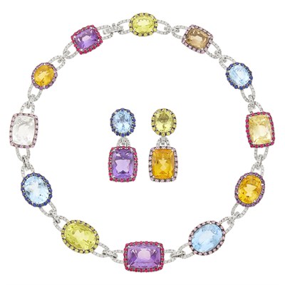 Lot 128 - White Gold, Multicolored Stone and Diamond Necklace and Pair of Pendant-Earclips