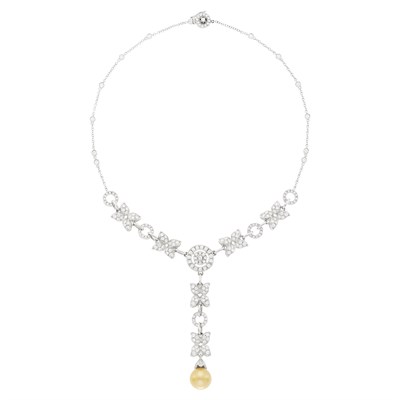 Lot 146 - White Gold, Diamond and Golden Cultured Pearl Pendant-Necklace