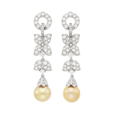 Lot 147 - Pair of White Gold, Diamond and Golden Cultured Pearl Pendant-Earclips