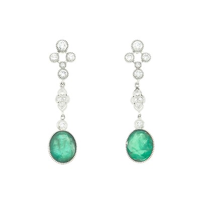 Lot 1263 - Pair of Platinum, White Gold, Emerald and Diamond Pendant-Earrings
