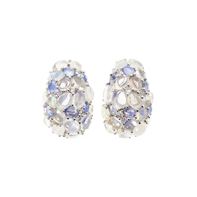 Lot 109 - Pair of White Gold, Opal, Cabochon Sapphire and White Sapphire Bombé Earclips