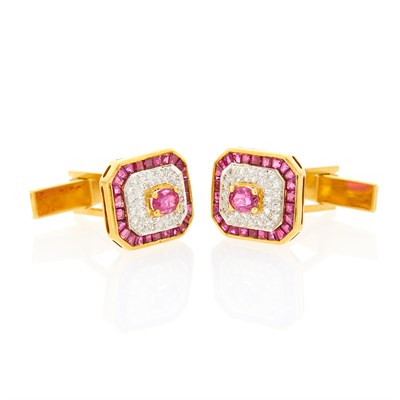 Lot 1253 - Pair of Gold, Ruby and Diamond Cufflinks
