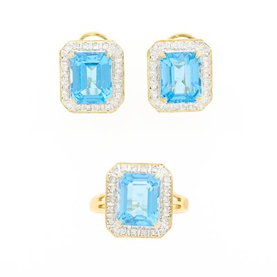 Lot 1229 - Two-Color Gold, Blue Topaz and Diamond Ring and Pair of Earrings