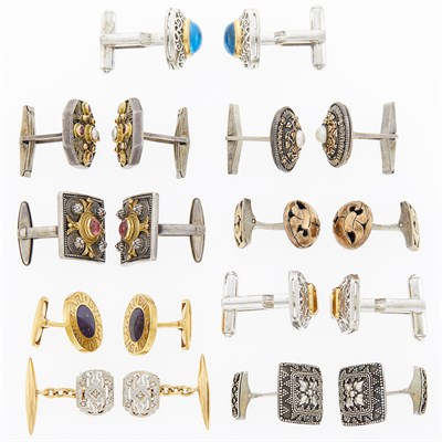 Lot 1292 - Nine Pairs of Gold, Silver, Platinum, Gem-Set and Freshwater Pearl Cufflinks