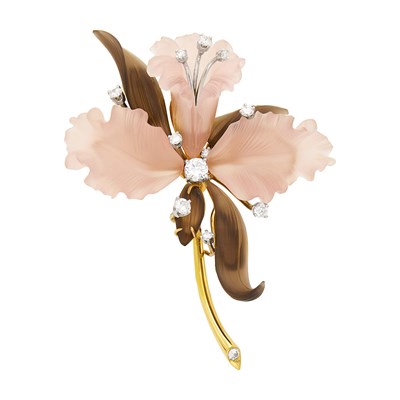 Lot 156 - Gold, Carved Hardstone and Diamond Flower Brooch