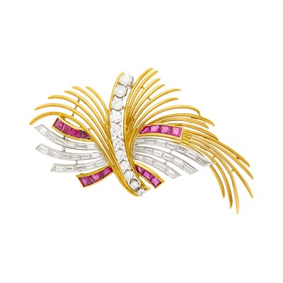 Lot 93 - Raymond Yard Gold, Platinum, Diamond and Ruby Spray Clip-Brooch