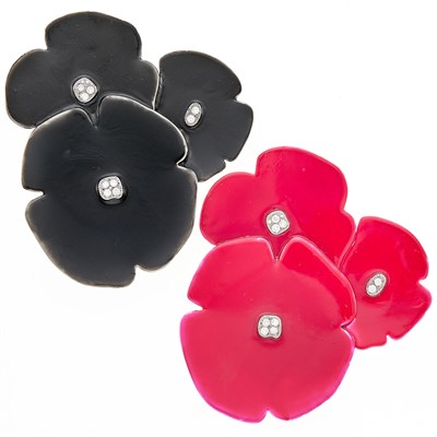 Lot 1069 - Helen Blyth-Hart Pair of Silver, White Gold, Black and Fuschia Lacquer and Diamond Poppy Pendant Clip-Brooches