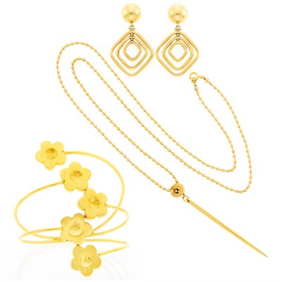 Lot 1046 - Gilt-Metal Flower Bangle Bracelet, Pair of Pendant-Earrings, Nail Pendant and Bead Necklace
