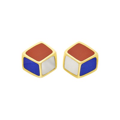 Lot 10 - Tiffany & Co. Pair of Gold, Jasper, Mother-of-Pearl and Lapis Earrings