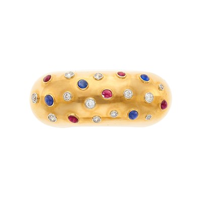 Lot 2300 - Gold, Diamond, Cabochon Ruby and Sapphire Bombé Clip-Brooch