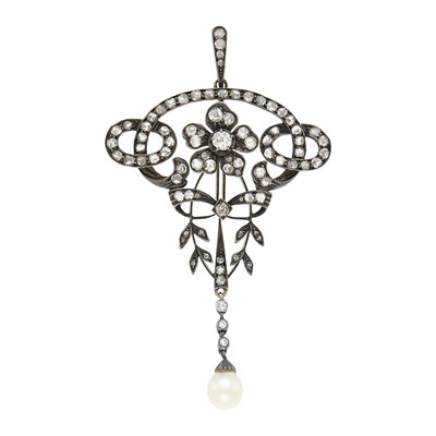 Lot 98 - Russian Silver, Gold, Diamond and Pearl Pendant-Brooch