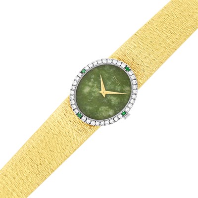 Lot 15 - Piaget Gold, Nephrite, Diamond and Emerald Wristwatch