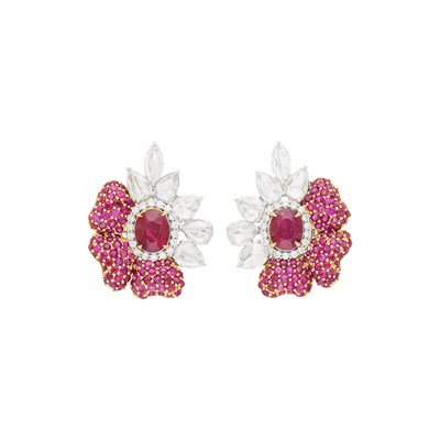 Lot 82 - Pair of Two-Color Gold, Ruby and Diamond Earrings