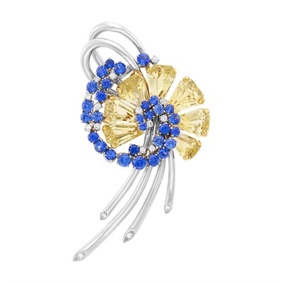 Lot 195 - Oscar Heyman & Brothers Platinum, Gold, Yellow Sapphire, Sapphire and Diamond Bow Clip