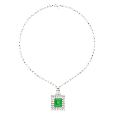 Lot 132 - White Gold, Gold, Platinum, Emerald and Diamond Pendant-Necklace
