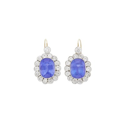 Lot 197 - Pair of Two-Color Gold, Sapphire and Diamond Earrings