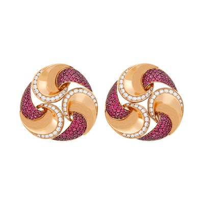 Lot 83 - Marina B. Pair of Rose Gold, Ruby and Diamond Earclips
