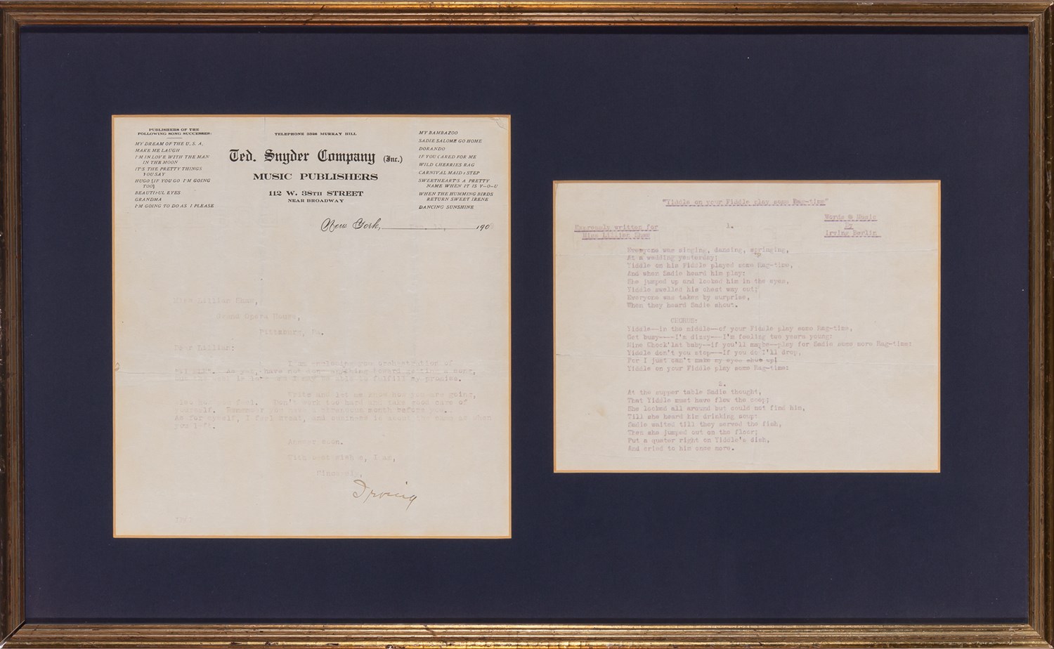 Lot 2030 - IRVING BERLIN (1888-1989) Very early typed...