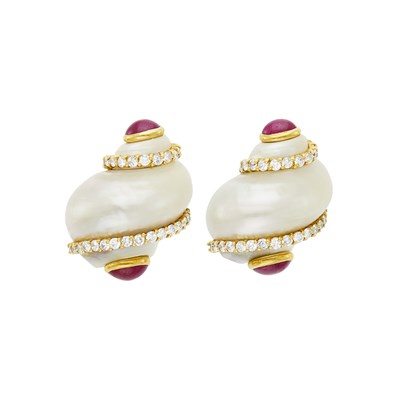 Lot 94 - Seaman Schepps Pair of Gold, Shell, Diamond and Cabochon Ruby 'Turbo Shell' Earclips