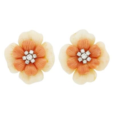 Lot 1123 - Pair of Carved Bicolor Coral and Diamond Flower Earclips