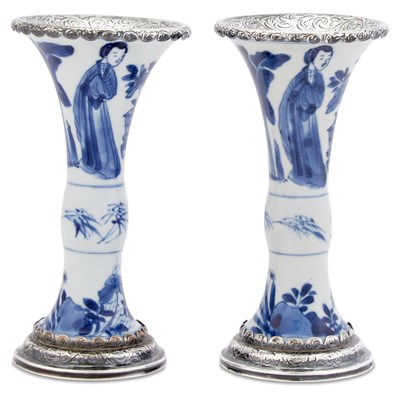 Lot 147 - Pair of Small Kangxi Silver Mounted Blue and White Gu Form Chinese Porcelain Vases