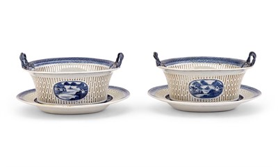 Lot 152 - Pair of Small Canton Blue and White Porcelain Reticulated Fruit Baskets and Undertrays