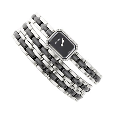 Lot 65 - Chanel Long Stainless Steel and Black Ceramic 'Premiére' Wrap Wristwatch, Ref. H3058