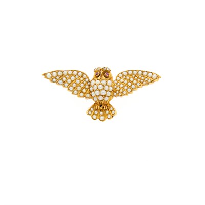 Lot 1127 - Antique Gold, Split Pearl, Diamond and Cabochon Ruby Owl Pin