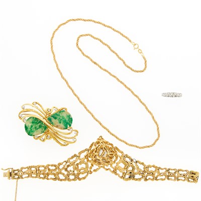 Lot 1217 - Gold Bracelet-Watch, Gold, Jade and Diamond Brooch, Gold Chain and White Gold and Diamond Band Ring