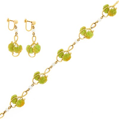 Lot 1126 - Gold, Enamel and Semi-Baroque Cultured Pearl Bracelet and Pair of Pendant-Earclips
