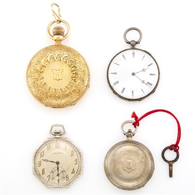 Lot 1153 - Four Yellow and White Gold and Silver Hunting Case and Open Face Pocket Watches