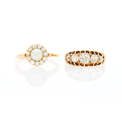 Lot 1137 - Two Antique Yellow and Rose Gold, Diamond and Button Pearl Rings
