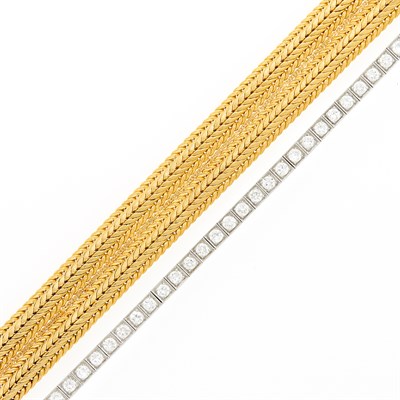 Lot 1109 - Platinum and Diamond Straightline Bracelet with Wide Braided Gold Mesh Bracelet Jacket